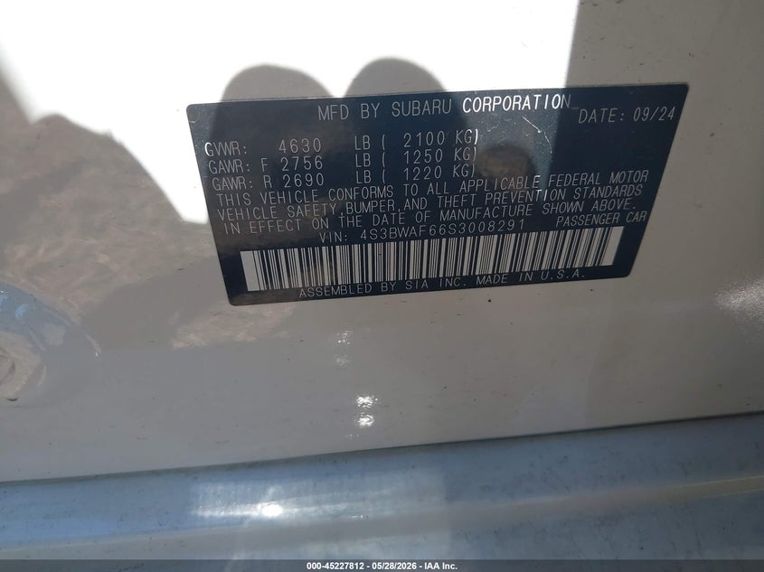 SUBARU LEGACY 2025 VIN 4S3BWAF66S3008291