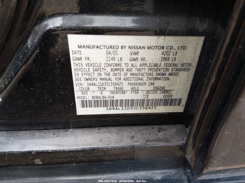 2005 Nissan Altima 2.5 S VIN: 1N4AL11D35C356425 Lot: 45227825