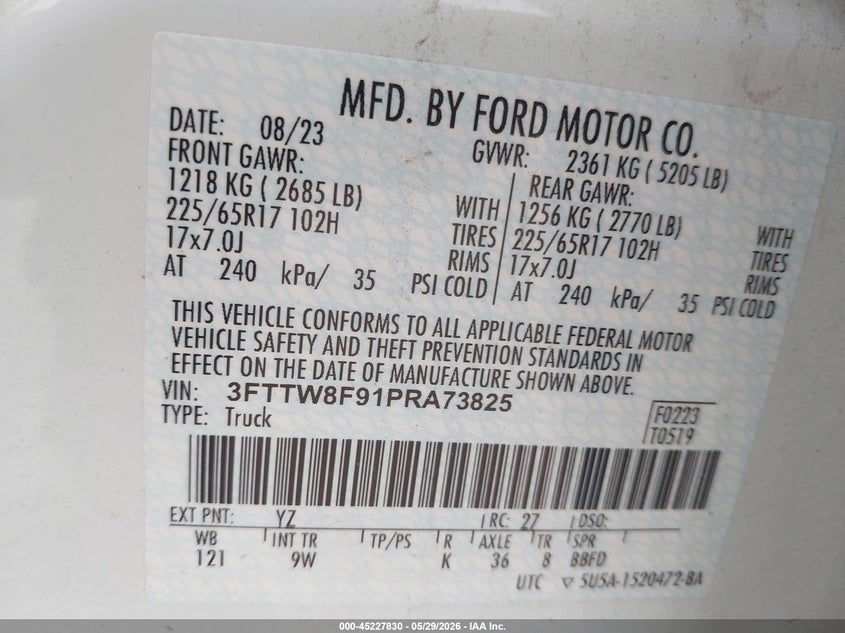 2023 Ford Maverick Xl VIN: 3FTTW8F91PRA73825 Lot: 45227830