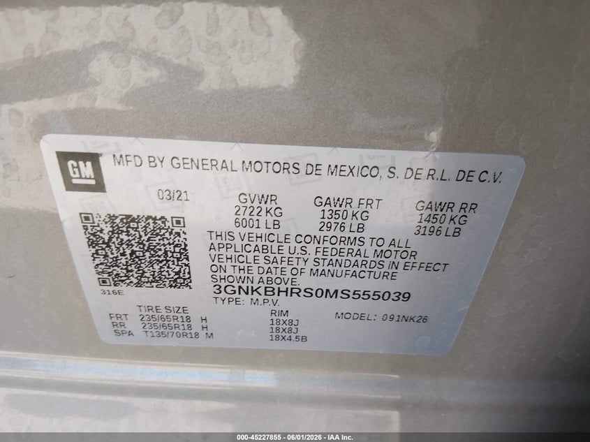 2021 Chevrolet Blazer Awd 2Lt VIN: 3GNKBHRS0MS555039 Lot: 45227855
