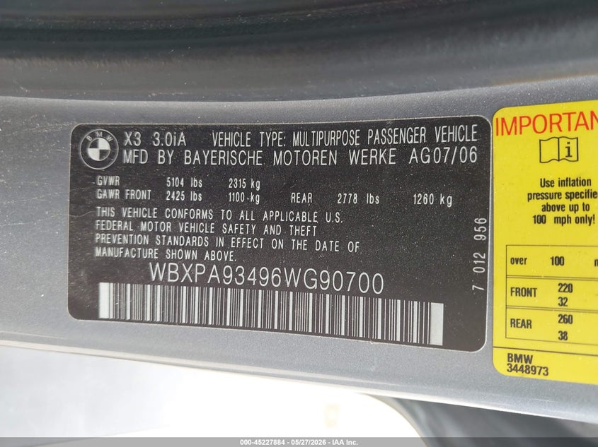 2006 BMW X3 3.0I VIN: WBXPA93496WG90700 Lot: 45227884