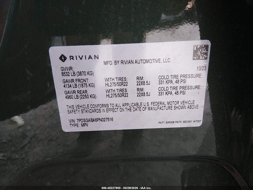 2023 Rivian R1S Adventure VIN: 7PDSGABA6PN027516 Lot: 45227900