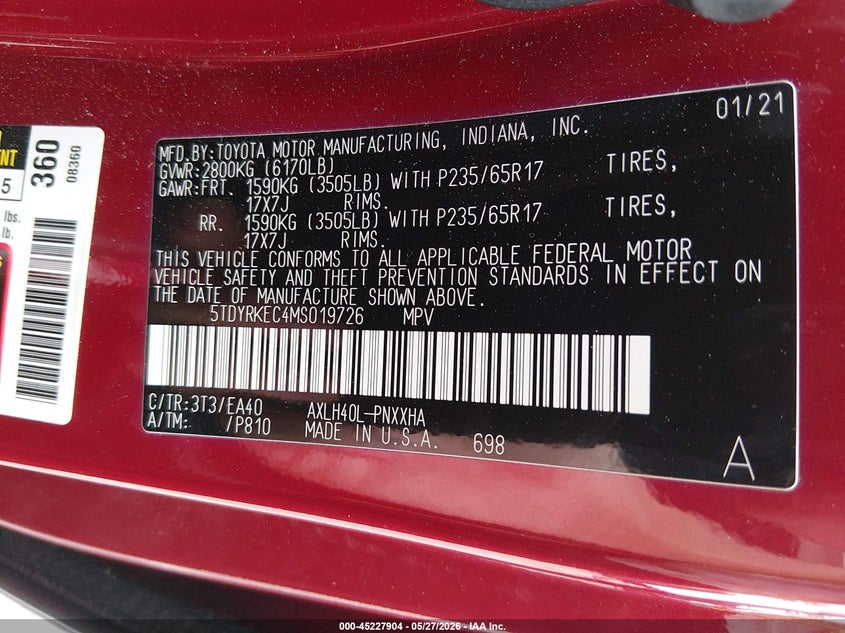 2021 Toyota Sienna Xle VIN: 5TDYRKEC4MS019726 Lot: 45227904