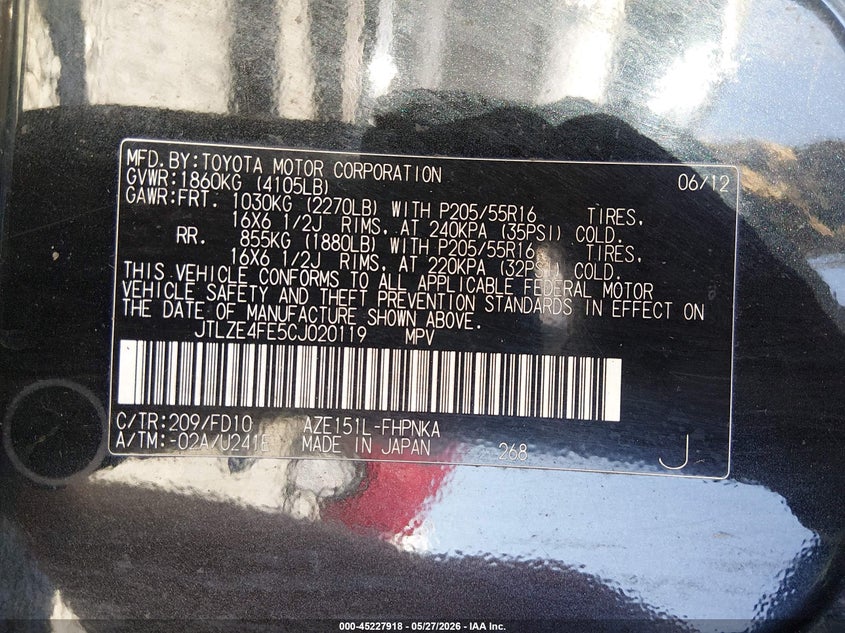 2012 Scion Xb VIN: JTLZE4FE5CJ020119 Lot: 45227918