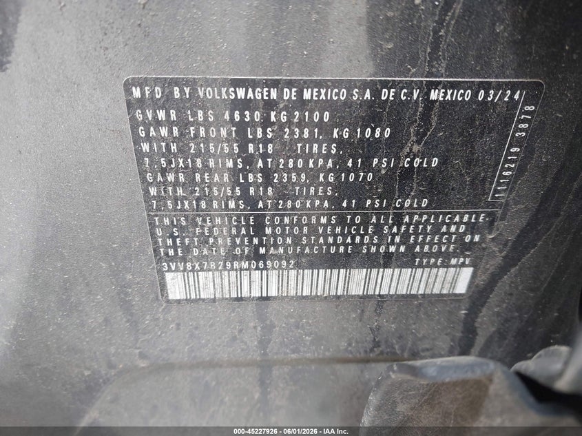 2024 Volkswagen Taos 1.5T S VIN: 3VV8X7B29RM069092 Lot: 45227926