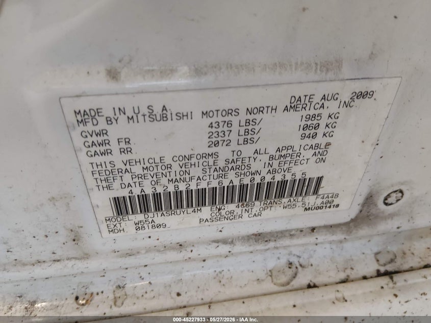 2010 Mitsubishi Galant Fe VIN: 4A32B2FF6AE004355 Lot: 45227933