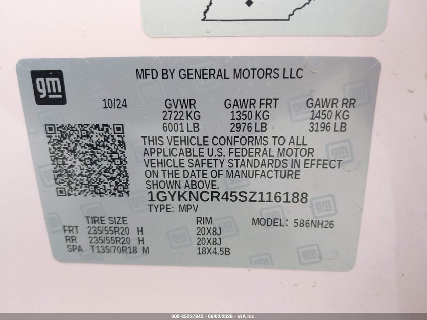 Vin: 1gykncr45sz116188, lot: 45725705, cadillac xt5 fwd premium luxury 20254