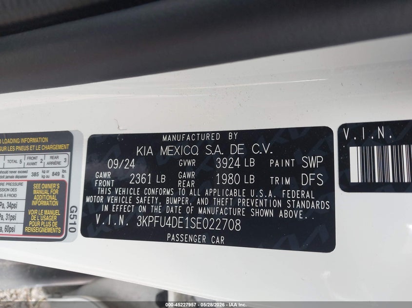 2025 Kia K4 Ex VIN: 3KPFU4DE1SE022708 Lot: 45227957