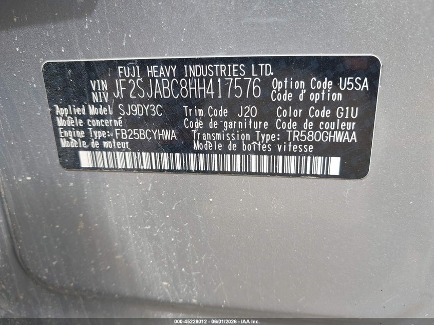2017 Subaru Forester 2.5I VIN: JF2SJABC8HH417576 Lot: 45228012