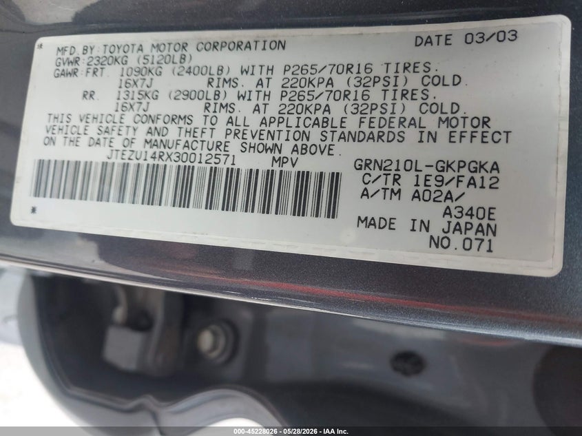 TOYOTA 4RUNNER 2003 VIN JTEZU14RX30012571