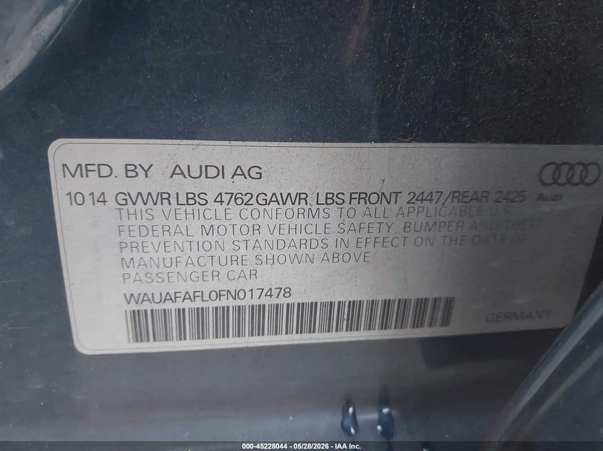 2015 Audi A4 2.0T Premium VIN: WAUAFAFL0FN017478 Lot: 45228044