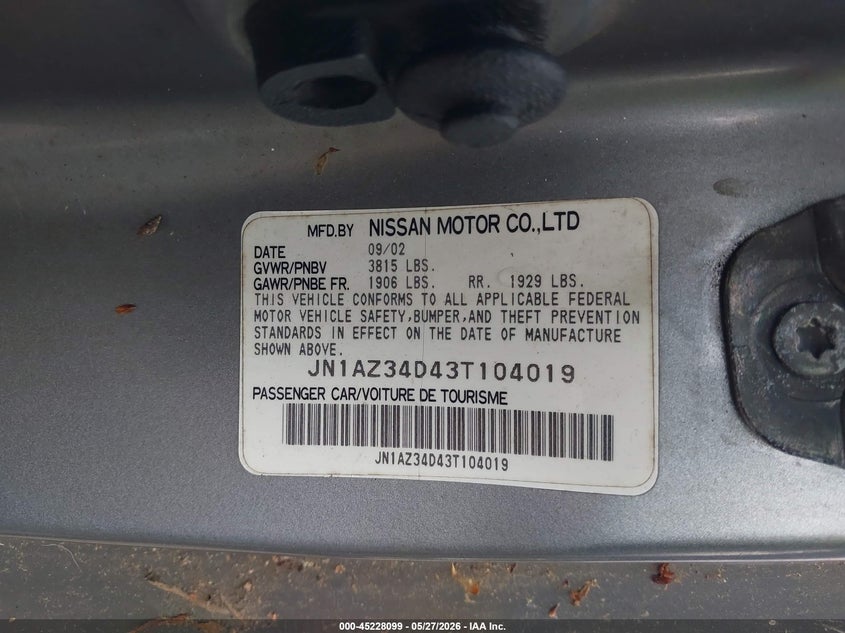 2003 Nissan 350Z Touring VIN: JN1AZ34D43T104019 Lot: 45228099