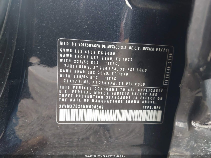 2022 Volkswagen Taos 1.5T S VIN: 3VVMX7B24NM008502 Lot: 45228137