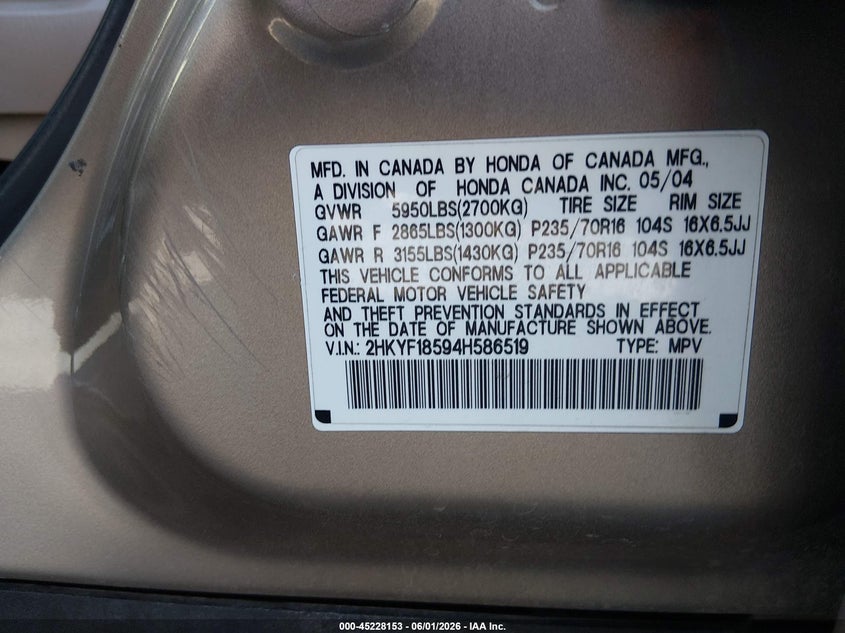 2004 Honda Pilot Ex-L VIN: 2HKYF18594H586519 Lot: 45228153