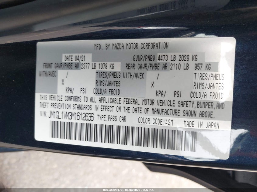 2021 Mazda Mazda6 Touring VIN: JM1GL1VM3M1612636 Lot: 45228170