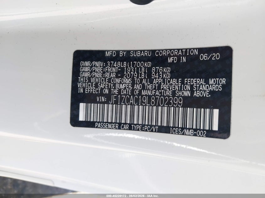 2020 Subaru Brz Limited VIN: JF1ZCAC19L8702399 Lot: 45228172