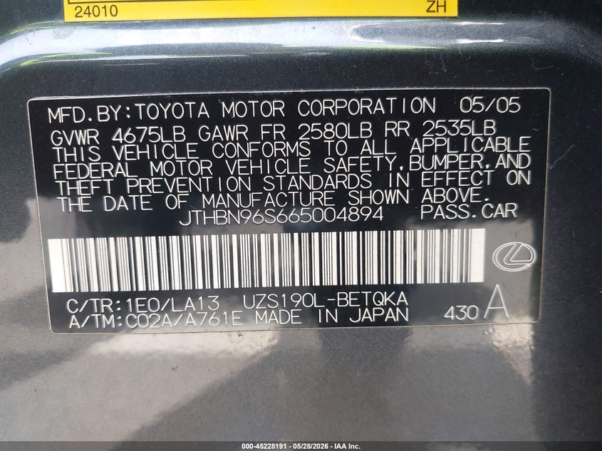 2006 Lexus Gs 430 VIN: JTHBN96S665004894 Lot: 45228191