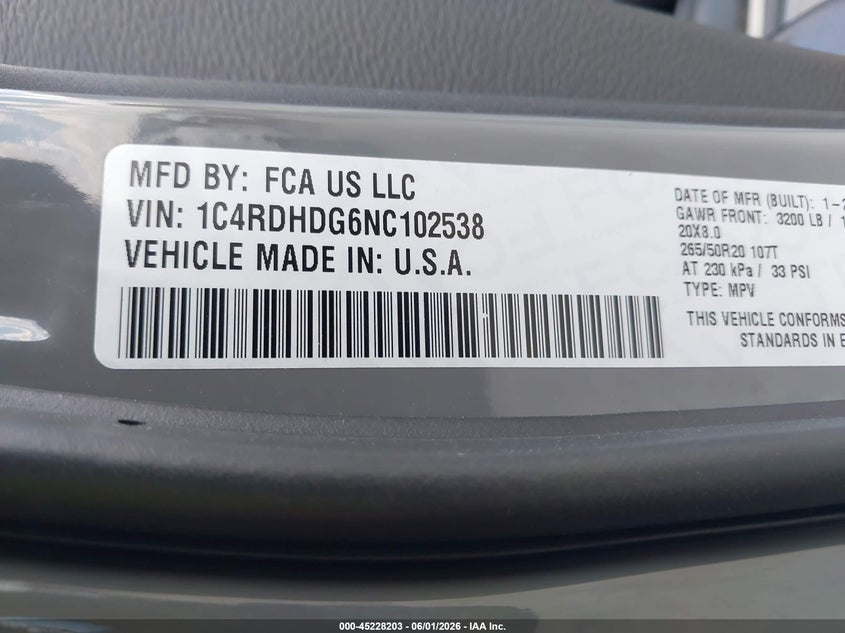 2022 Dodge Durango Gt Plus Rwd VIN: 1C4RDHDG6NC102538 Lot: 45228203