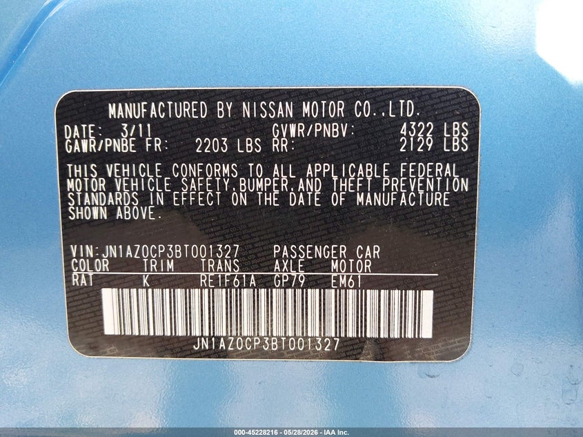 2011 Nissan Leaf Sl VIN: JN1AZ0CP3BT001327 Lot: 45228216