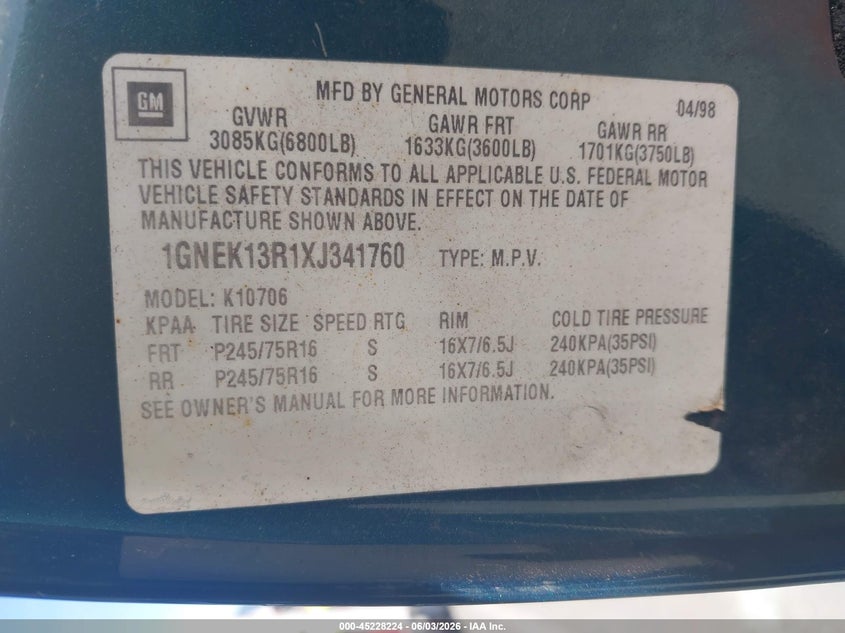 1999 Chevrolet Tahoe Ls VIN: 1GNEK13R1XJ341760 Lot: 45228224