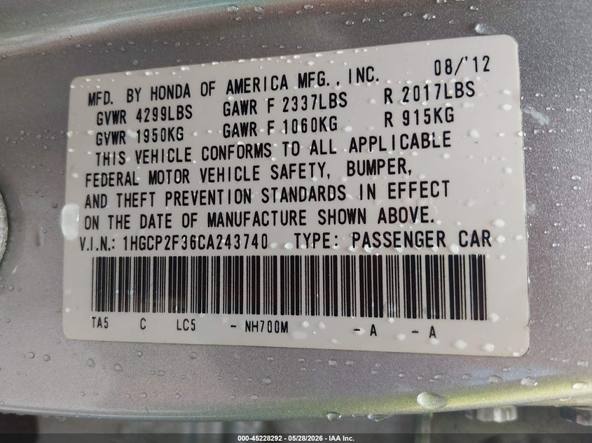 2012 Honda Accord 2.4 2.4 Lx grey Lot 111045228292 Vin 1HGCP2F36CA243740