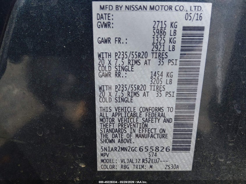 NISSAN PATHFINDER 2016 VIN 5N1AR2MN2GC655826