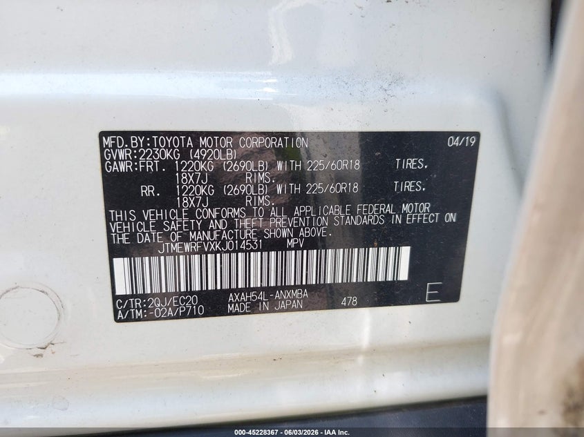 2019 Toyota Rav4 Hybrid Xse VIN: JTMEWRFVXKJ014531 Lot: 45228367