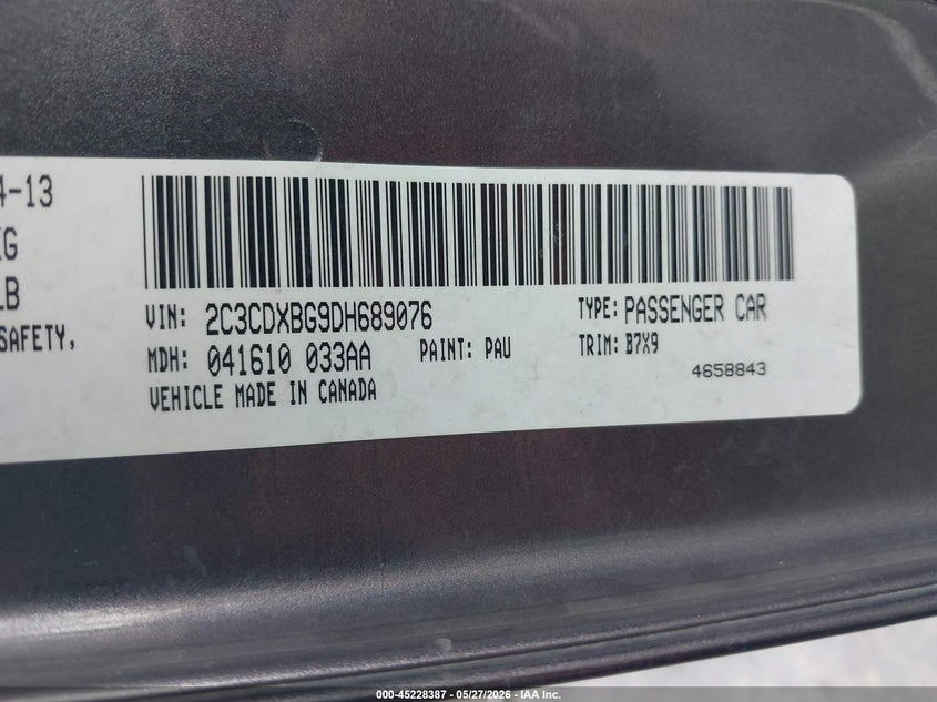 2013 DODGE CHARGER SEDAN 3.6L V-6 DOHC, VVT, 292HP