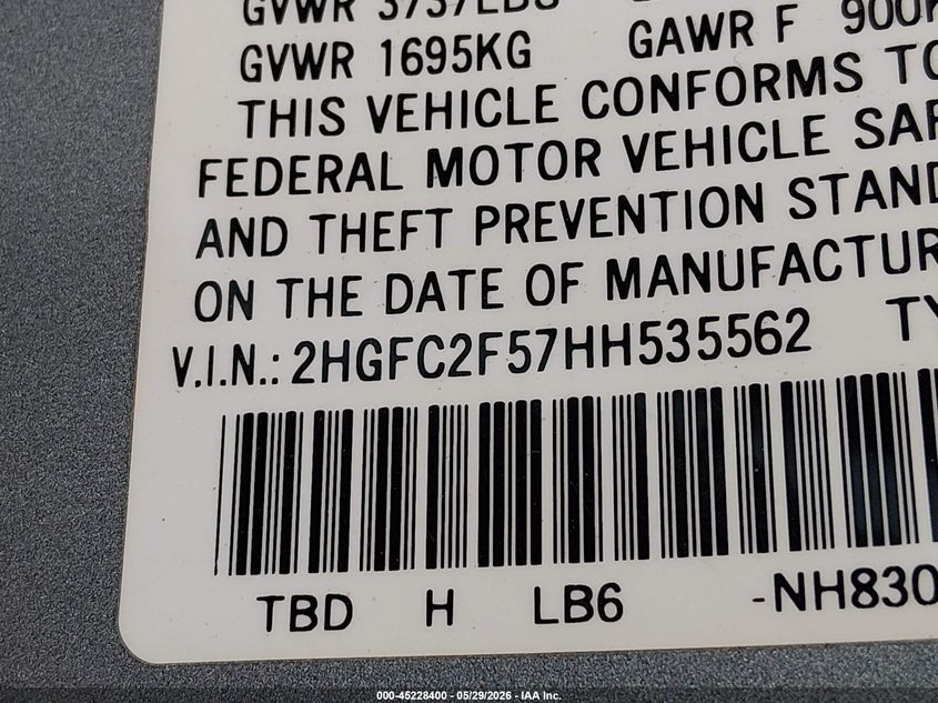 VIN 2HGFC2F57HH535562 2017 HONDA CIVIC LX