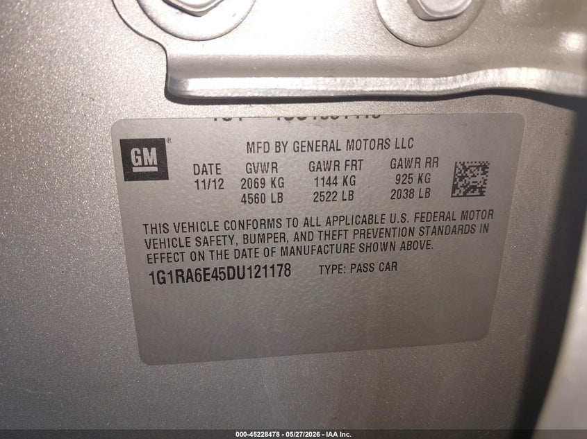 2013 Chevrolet Volt VIN: 1G1RA6E45DU121178 Lot: 45228478