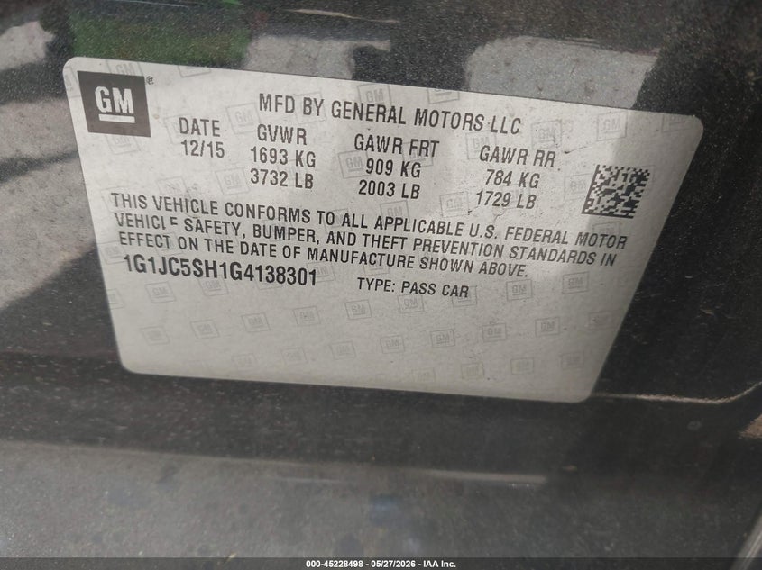 2016 Chevrolet Sonic Lt Auto VIN: 1G1JC5SH1G4138301 Lot: 45228498