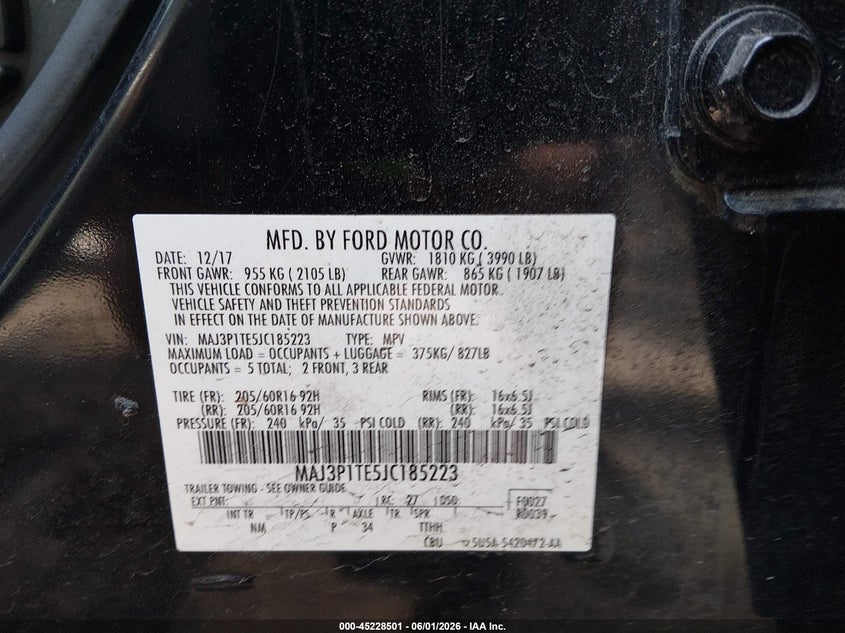 2018 Ford Ecosport Se VIN: MAJ3P1TE5JC185223 Lot: 45228501