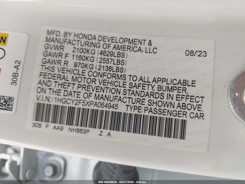 HONDA ACCORD HYBRID 2023 VIN 1HGCY2F5XPA064945