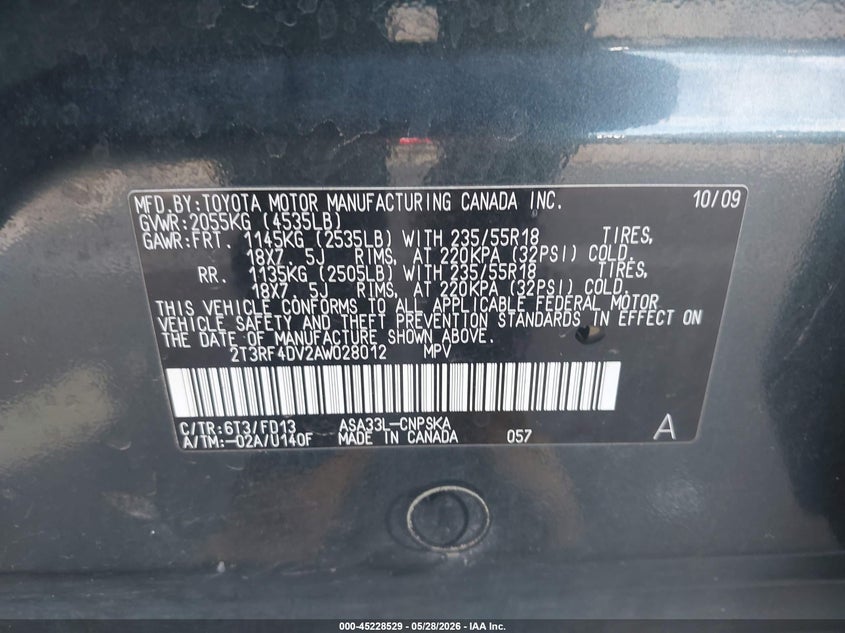2010 TOYOTA RAV 4 SPORT UTILITY VEHICLE 2.5L I-4 DOHC, VVT, 179HP