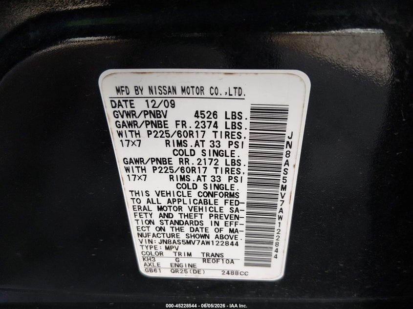 2010 Nissan Rogue Sl VIN: JN8AS5MV7AW122844 Lot: 45228544