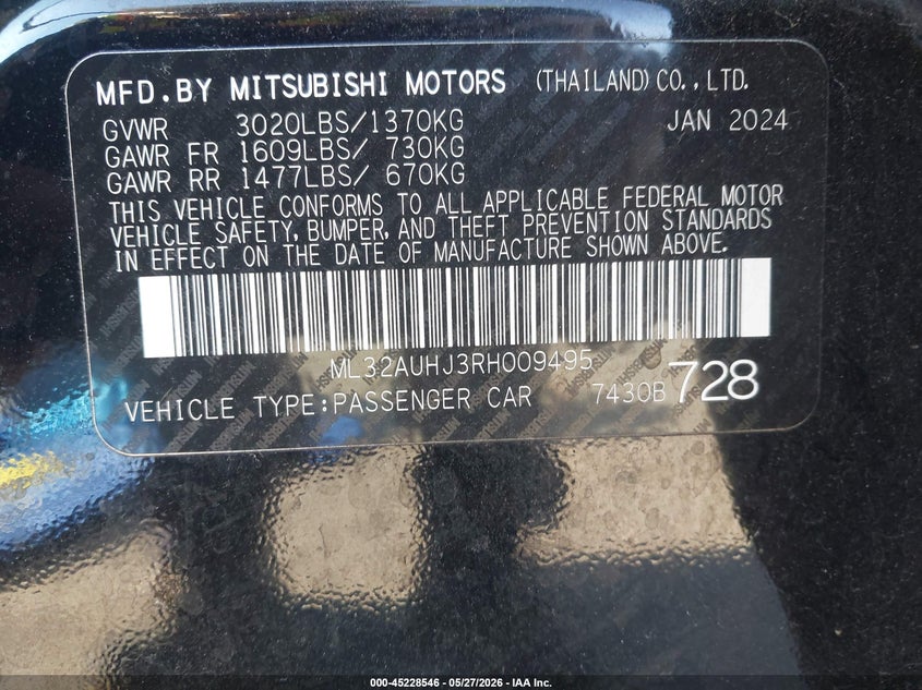 2024 Mitsubishi Mirage Es/Le VIN: ML32AUHJ3RH009495 Lot: 45228546
