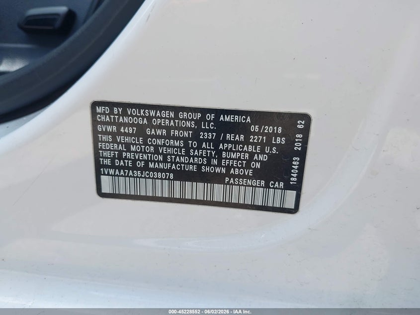2018 Volkswagen Passat 2.0T R-Line/2.0T S VIN: 1VWAA7A35JC038078 Lot: 45228552