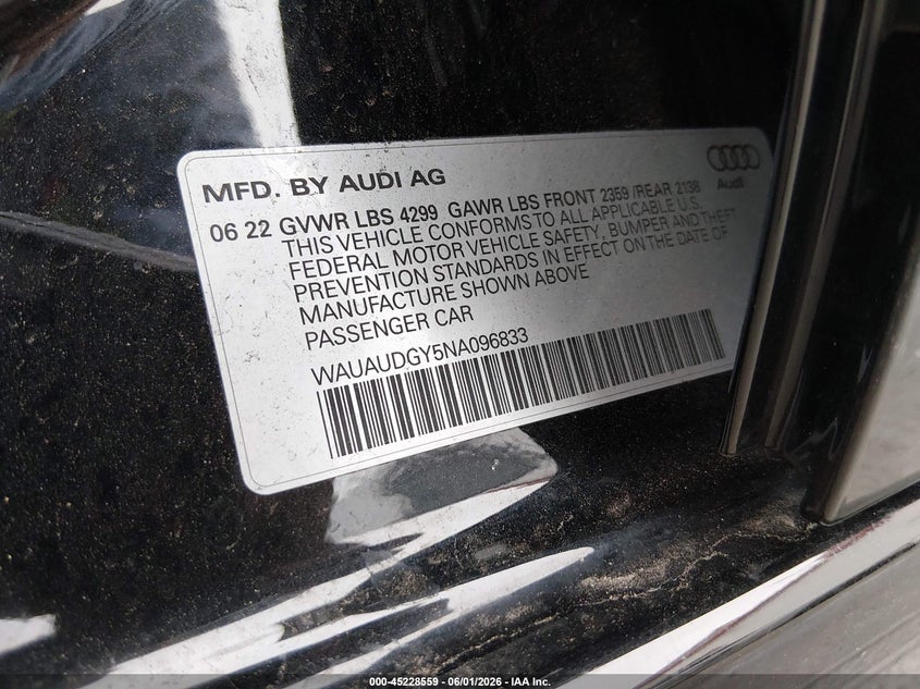 2022 Audi A3 Premium 40 Tfsi Front-Wheel Drive S Tronic VIN: WAUAUDGY5NA096833 Lot: 45228559
