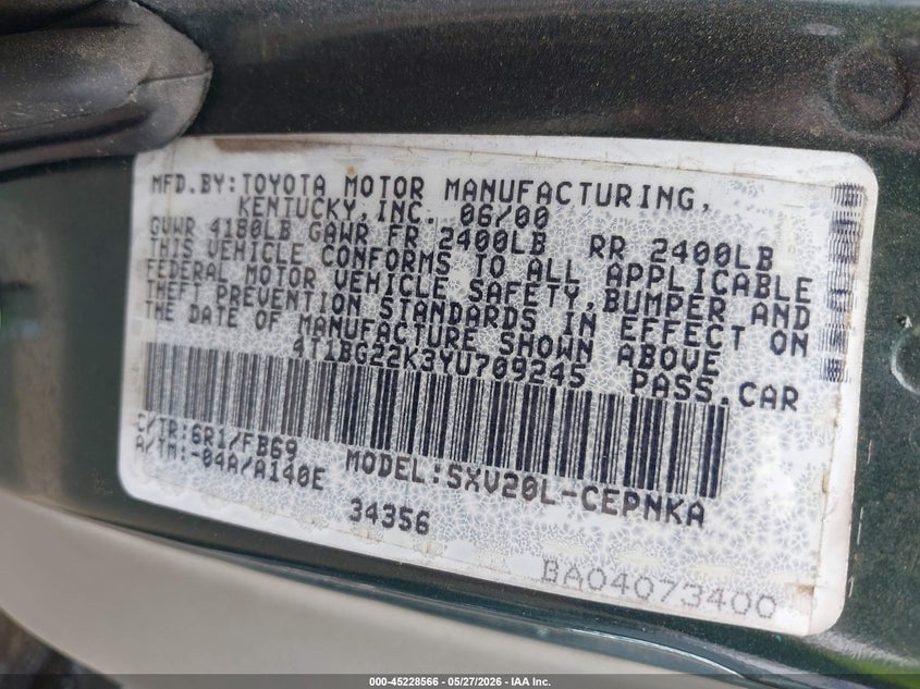 2000 Toyota Camry Ce/Le/Xle VIN: 4T1BG22K3YU709245 Lot: 45228566