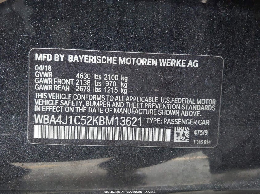 2019 BMW 430I Gran Coupe VIN: WBA4J1C52KBM13621 Lot: 45228581