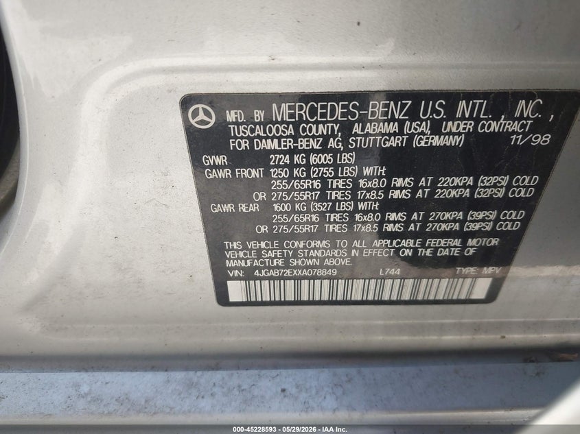 1999 Mercedes-Benz Ml 430 VIN: 4JGAB72EXXA078849 Lot: 45228593