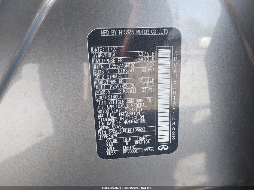 2024 Infiniti Qx55 Luxe Awd VIN: 3PCAJ5JR1RF108623 Lot: 45228603
