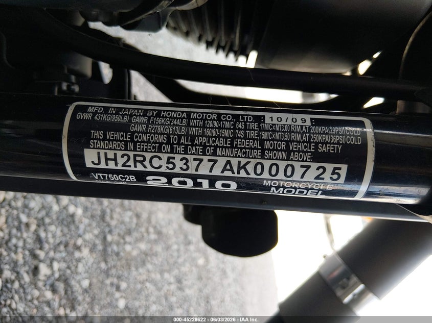 2010 Honda Vt750 C2B VIN: JH2RC5377AK000725 Lot: 45228622