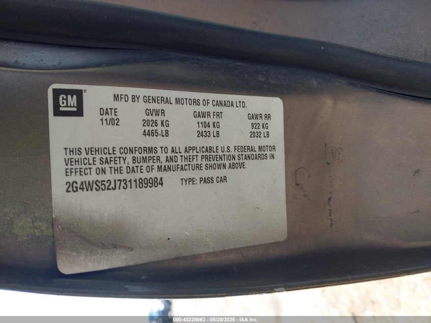 2003 Buick Century Custom VIN: 2G4WS52J731189984 Lot: 45228662