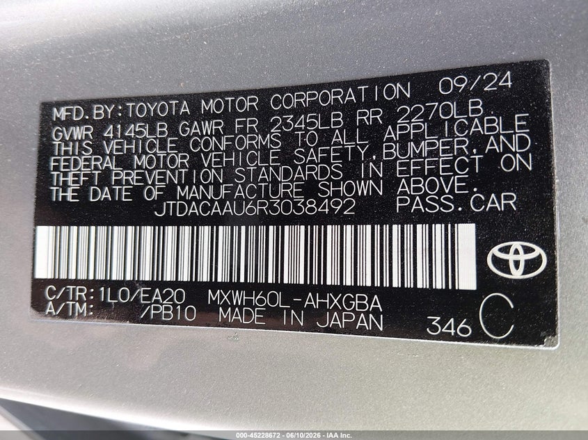 TOYOTA PRIUS 2024 VIN JTDACAAU6R3038492