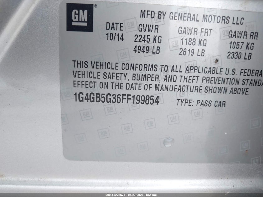 2015 Buick Lacrosse Leather VIN: 1G4GB5G36FF199854 Lot: 45228675