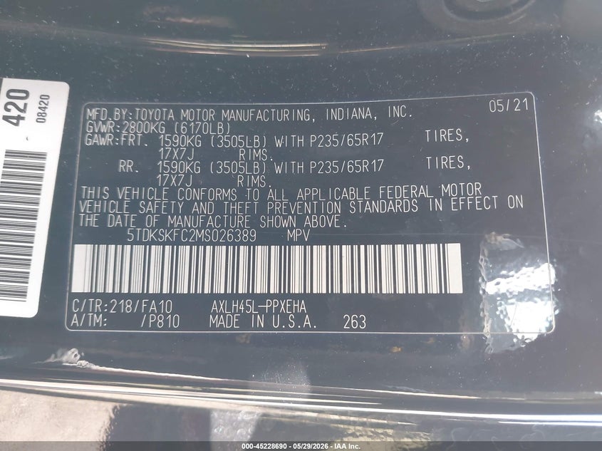 2021 Toyota Sienna Le VIN: 5TDKSKFC2MS026389 Lot: 45228690
