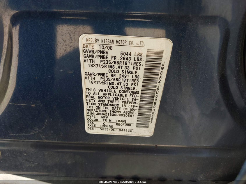 2009 Nissan Murano Sl VIN: JN8AZ18U09W030587 Lot: 45228739