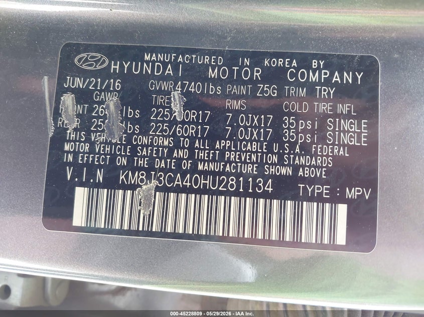 2017 HYUNDAI TUCSON SPORT UTILITY VEHICLE 2.0L I-4 DI, DOHC, VVT, 164HP