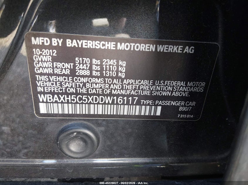 2013 BMW 528I xDrive VIN: WBAXH5C5XDDW16117 Lot: 45228827
